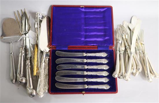 A set of six pairs of silver Onslow pattern fruit knives and forks, a cased set and other cutlery.